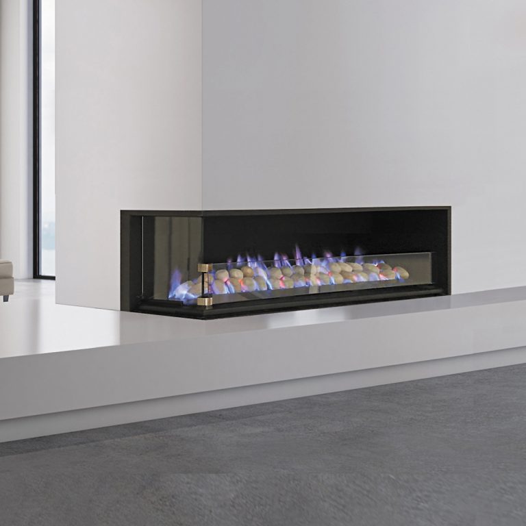 With all the controls concealed, the high flame gas pebble or coal fire appears to float on the fireplace base.
